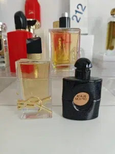 A side-by-side comparison of the traditional YSL Mon Paris designer perfume bottle and a factory-direct Eau de Parfum alternative by IMIXX Perfumes.