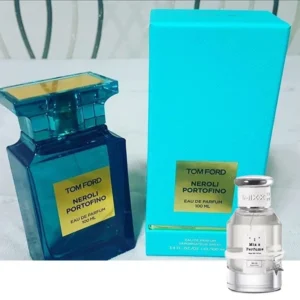 A side-by-side comparison of a $300 luxury Tom Ford Neroli Portofino bottle and a high-quality factory-direct alternative, highlighting the price difference.