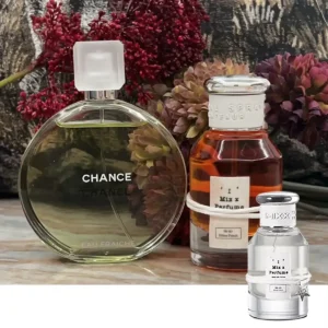 Side-by-side visual comparison of a $150 designer floral fragrance and a premium Chanel Chance dupe showcasing oil concentration levels.