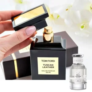 Visual breakdown comparing the expensive Tom Ford Tuscan Leather scent profile with the factory-direct No. 03 alternative by IMixx Perfumes.