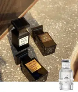 Side-by-side comparison of a $300 luxury designer tobacco vanilla perfume bottle and an affordable direct-to-consumer alternative.