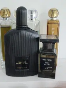 Side-by-side comparison of a $200 luxury dark floriental perfume and a high-concentration black orchid dupe alternative