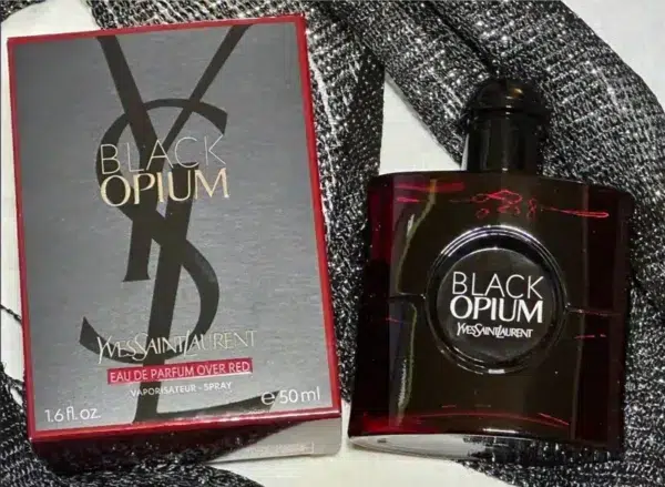 Side-by-side comparison of expensive designer cherry perfume versus a high-concentration, long-lasting YSL Black Opium Over Red dupe.