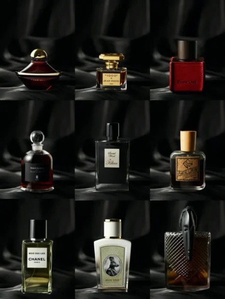 Side-by-side comparison of a traditional high-end luxury perfume bottle and a modern factory-direct Extrait de Parfum alternative.