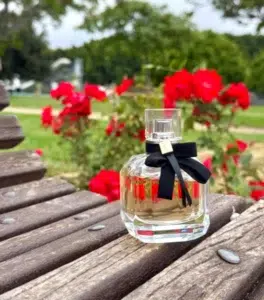 fragrance notes comparing a traditional YSL Mon Paris bottle with a lab-formulated factory-direct perfume dupe.