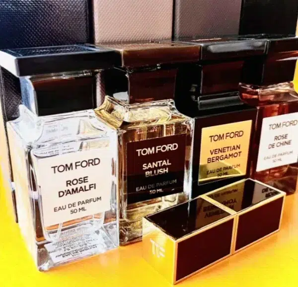 Side-by-side comparison of a $300 designer Tom Ford Santal Blush perfume bottle and a high-quality affordable creamy sandalwood fragrance alternative.