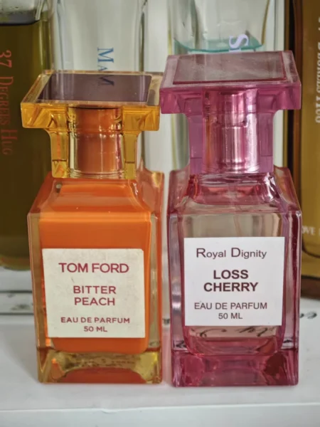 Side-by-side value comparison of a $400 luxury designer peach perfume and a premium factory-direct Tom Ford Bitter Peach dupe in the USA.