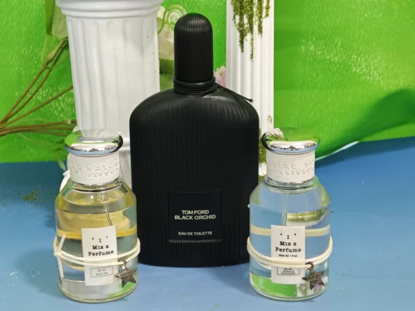Side-by-side comparison of an expensive luxury designer dark floral perfume and a high-concentration affordable alternative